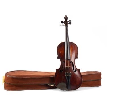 19TH CENTURY VIOLIN,the button with inset plaque featuring a hooded maiden, length of back including button 37cm, with indist