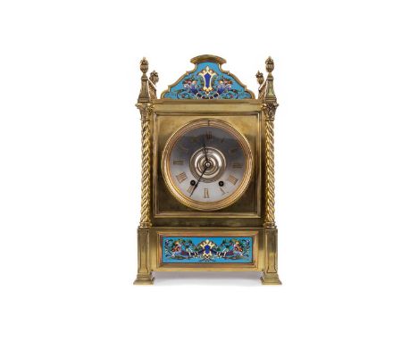 LATE 19TH CENTURY BRASS AND CLOISONNÉ MANTEL CLOCK,with two train movement by HP &amp; Cie., the silvered dial with Roman num