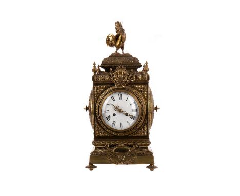 LARGE 19TH CENTURY FRENCH EIGHT DAY MANTEL CLOCK,the cast brass case with relief and pierced foliate decoration, with rooster