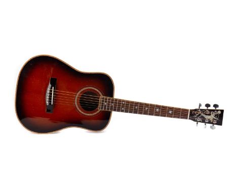 HALF SIZE ACOUSTIC GUITAR,tobacco sunburst finish, the back and headstock inlaid in mother of pearl with a nude female archer