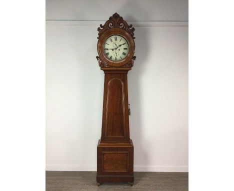 GOOD 19TH CENTURY SCOTTISH EIGHT DAY LONGCASE CLOCK BY J. CARSWELL OF KILMARNOCK,mahogany cased, the drum head/hood with carv