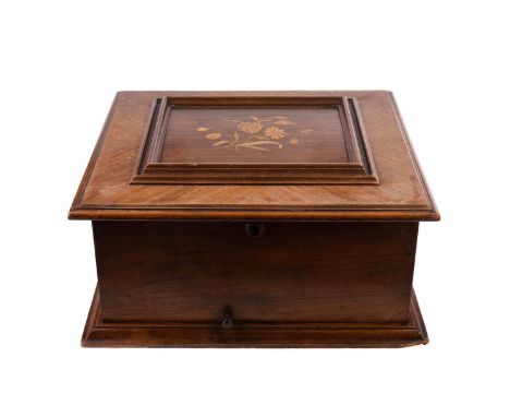LATE 19TH CENTURY WALNUT CASED POLYPHON MUSIC BOX,with printed detail of putti playing instruments to the hinged lid interior