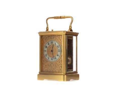 19TH CENTURY BRASS CASED REPEATING CARRIAGE CLOCK BY GUY, LAMAILLE &amp; CO,the porcelain chapter ring set with Arabic numera
