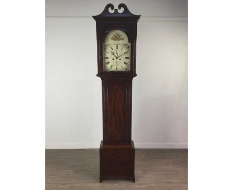 19TH CENTURY EIGHT DAY LONGCASE CLOCK BY MCRAE OF GLASGOW,mahogany cased, with broken swan neck pediment above circular signe