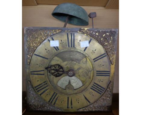 An 18th Century thirty hour longcase clock movement, the 10" brass dial with single hand, date aperture and engraved dial cen