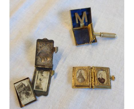 Three miniature collectables comprising W. J. Myatt Daymark razor an After the Bombardment album of Arras, and a portrait pho