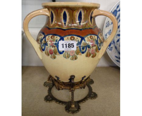 A late Victorian bottomless tyg vase on gilt metal stand in the Zsolnay Pecs style