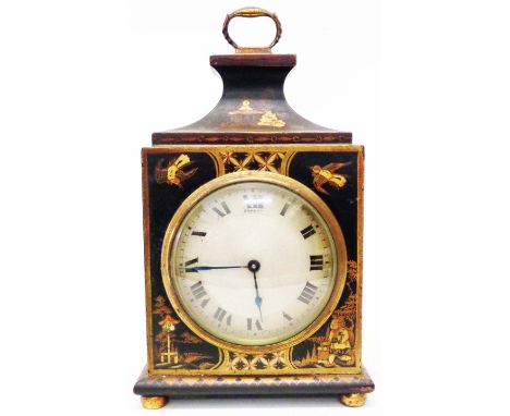 An early 20th Century chinoiserie cased bracket style timepiece with cast brass handle to raised pediment and engine turned s