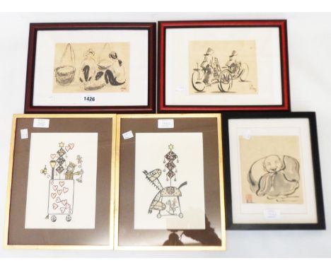 Three 20th Century Chinese grey scale watercolours depicting cyclists, seated figures and Hotei type figure, all signed and w