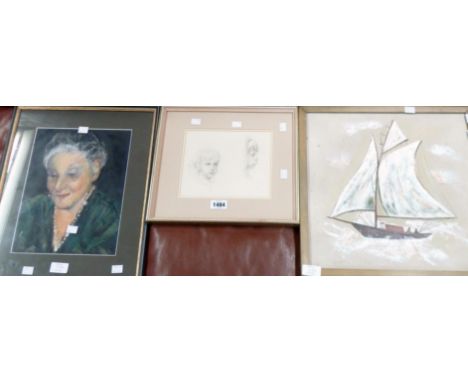 A framed pencil portrait study of two young girl's heads - sold with a framed pastel portrait of an elderly lady and a small 