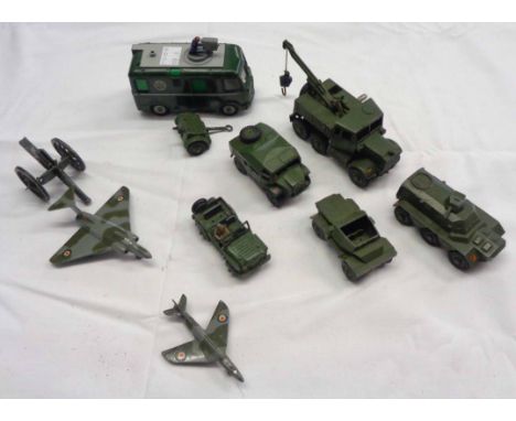 A small quantity of vintage unboxed Dinky military vehicles including Scout Car, Quad Gun Tractor and Limber, and a TV Roving