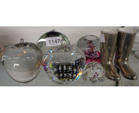 Four paperweights including Caithness, Swarvoski tortoise and pair of boot vase