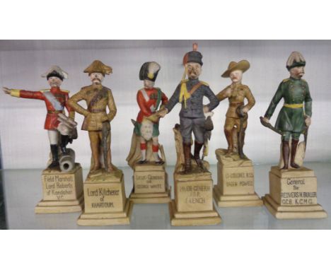 A set of six painted bisque British Army commanding officers of the Boer War period in heroic poses, comprising Lord Kitchene