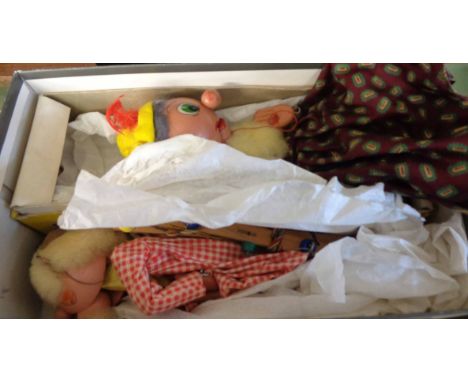 A vintage Pelham Puppet SM Old Lady in first type solid yellow box - sold with an unboxed SM Farmer