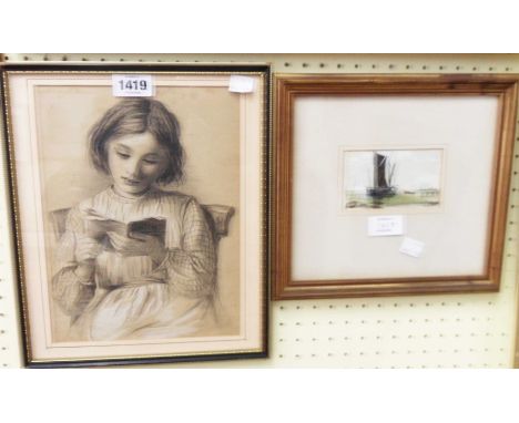 A Hogarth framed charcoal and chalk portrait depicting a young girl reading a book - sold with a small gilt framed watercolou