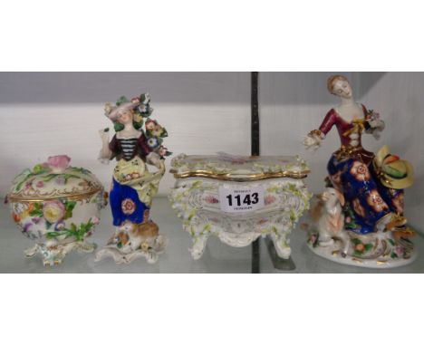 A Coalport jar with cover - sold with a box containing two ceramic figures and a jewellery casket