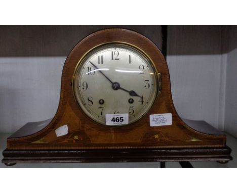 An early 20th Century inlaid mahogany cased Napoleon hat mantel clock with silvered dial and Empire eight day gong striking m