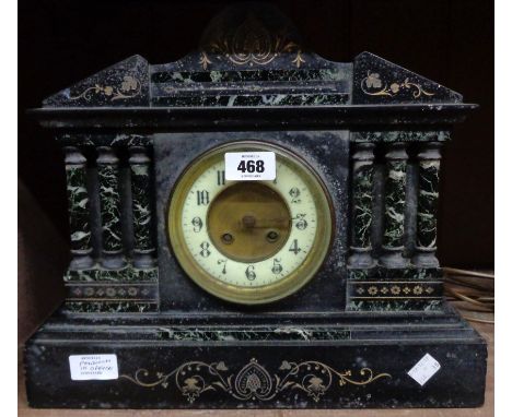 A late Victorian black slate and marble cased mantel clock of architectural design - a/f       