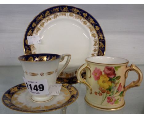 An early 20th Century Royal Worcester coffee trio - sold with an earlier Royal Worcester tyg mug (a/f)