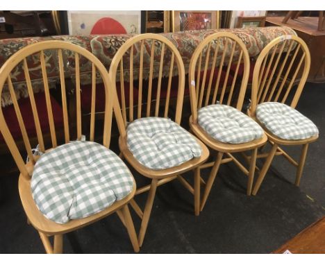 SET OF 4 BEECH WOOD STICK BACK DINING CHAIRS WITH CUSHIONS