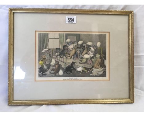 ANTIQUE COLOUR PRINT OF CATS BY LOUIS WAIN ENTITLED “PILLOW FIGHT”