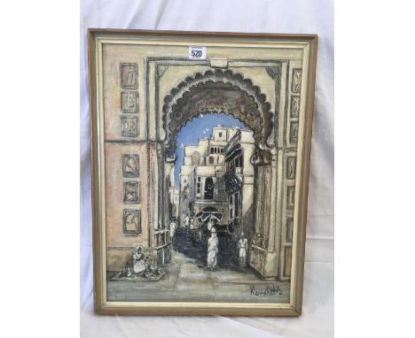 OIL PAINTING OF AN ARABIAN BACK STREET WITH DECORATIVE ARCH & FIGURES. INDISTINCTLY SIGNED