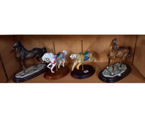 2 CAROUSEL FIGURINES BY FRANKLIN MINT &amp; 2 DETAILED HORSE SCULPTURES ON PLINTHS