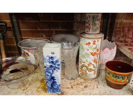 SHELF WITH JARDINIERE'S, GLASS VASES, &amp; DECORATIVE GLASS BOWL WITH SLIGHT CHIP