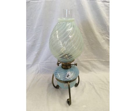 VICTORIAN OIL LAMP WITH CLEAR FUNNEL &amp; VASALIN RESERVOIR &amp; SHADE WITH HINKS DUPLEX NO. 2 BURNER ON BRASS TRIPOD STAND