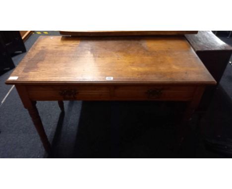 LATE VICTORIAN LIGHT OAK SIDE TABLE WITH TURNED LEGS &amp; 2 DRAWERS, 39" X 19" 