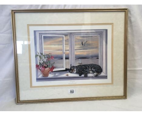 PATSY SWANBOROUGH; LIMITED EDITION COLOUR PRINT OF A CAT LAYING ON A WINDOW LEDGE WITH COASTAL VIEW BEYOND. NUMBERED AND SIGN