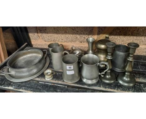 SHELF OF MISC PEWTER WARE 