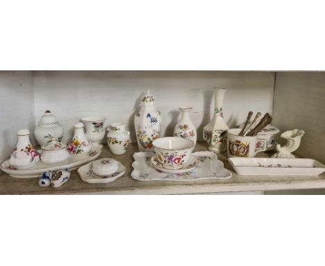 SHELF OF MIXED BONE CHINA INCL; ROYAL CROWN DERBY, COALPORT, AYNSLEY ETC