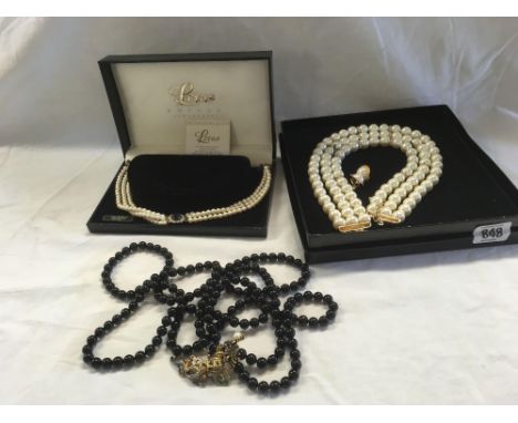 DOUBLE BLACK GLASS NECKLACE WITH SILVER GILT DRAGON CLASP, LARGE PEARL TYPE DOUBLE NECKLACE &amp; EARRINGS &amp; A LOTUS PEAR