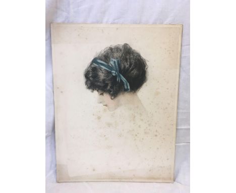 A PROFILE PORTRAIT OF AN ATTRACTIVE YOUNG WOMAN WITH A BLUE RIBBON IN HER BLACK HAIR. INDISTINCTLY SIGNED IN PENCIL AND PUBLI