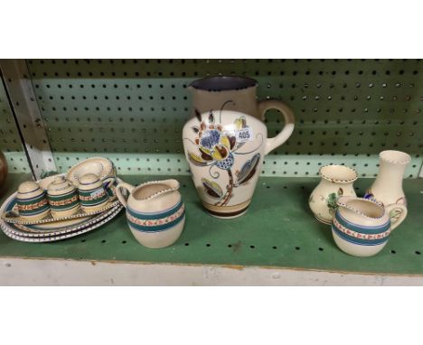 LARGE HONITON POTTERY JUG, 2 SMALLER JUGS, PLATES, CONDIMENT SET, VASE ETC