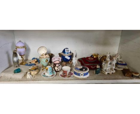 SHELF OF MINIATURE CUPS &amp; SAUCERS, FABERGE STYLE EGGS ETC