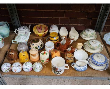 SHELF WITH QTY OF MISC CHINA, FRUIT BOWLS, TEA POTS, HONEY POTS, MUG &amp; OTHER CHINA