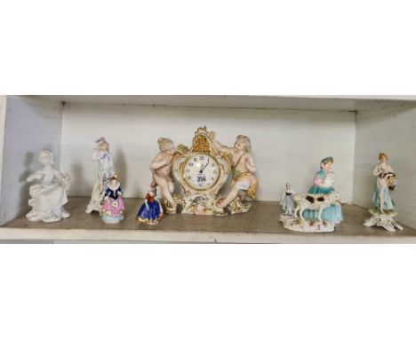 SHELF OF CHINA FIGURES, ROYAL DOULTON BUNNY FIGURE, CAPO DEMONTE FIGURE &amp; A CHERUB MANTLE CLOCK ETC