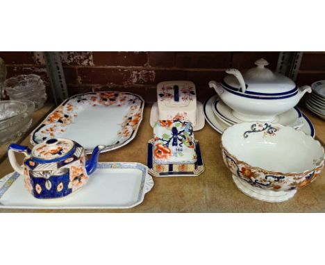 SHELF OF MISC CHINAWARE INCL; SOUP TUREEN, CHEESE DISHES, MEAT PLATES &amp; BOWL 