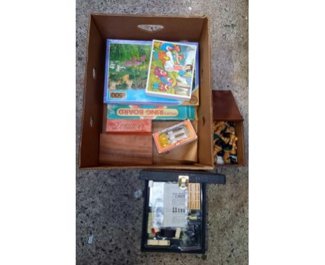 CARTON WITH MISC PUZZLES, GAMES, A SPEARS RING BOARD, DOMINO'S  DARTS