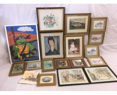 BOX OF ASSORTED PICTURES INCLUDING A COLOUR PRINT AFTER MODIGLIANI - YOUNG GIRL WITH BROWN HAIR, A MIRAGE STUDIOS COLOUR POST