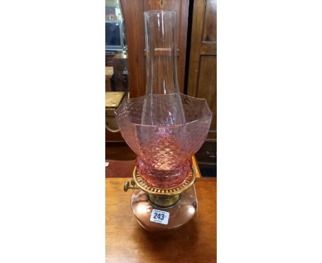 COPPER OIL LAMP RED SHADE &amp; CHIMNEY