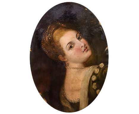 After Titian, portrait of a girl, bust length, bust length, her head turned, oil on canvas, 49 by 34cm, gilt metal frame