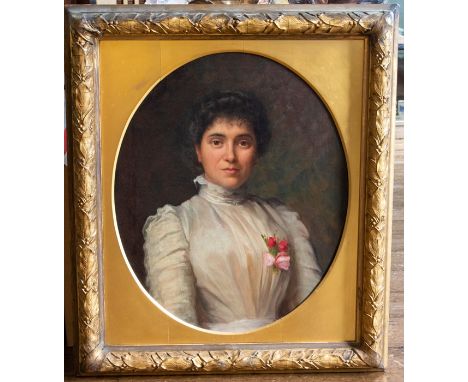 British School, circa 1890, portrait of a young lady, half length in a white dress, oil on canvas, 66.5 by 56.5cm, gilt frame