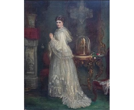 Style of Charles Frederick Lowcock, (British, fl.1878-1922), portrait of a lady in a white dress, full length beside and mant