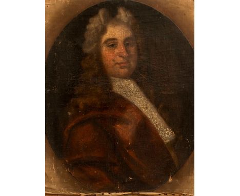 Follower of John Riley, portrait of a gentleman, half length in a brown cloak and white stock, oil on canvas,&nbsp; oval, 76 