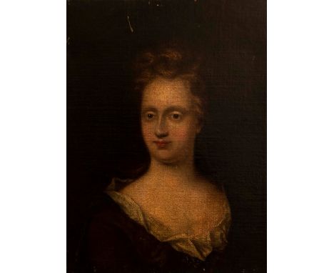 Circle of Sir Godfrey Kneller, portrait of a lady, bust length in a brown dress and blue wrap, oil on canvas, 61 by 51cm, unf