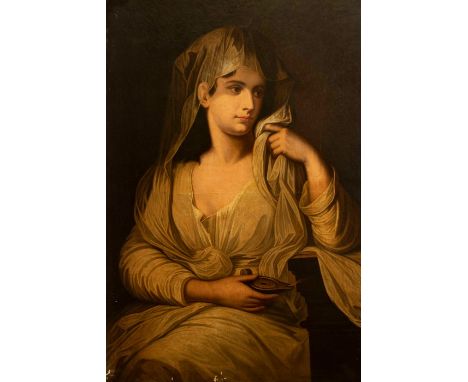 After Angelica Kauffmann, portrait of a woman dressed as a vestal virgin, oil on canvas, 100 by 74cm, unframed&nbsp;