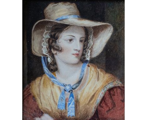 British School, mid 19th Century, portrait of a young woman, bust length wearing a straw hat, watercolour, 14.5cm by 12.cm, g